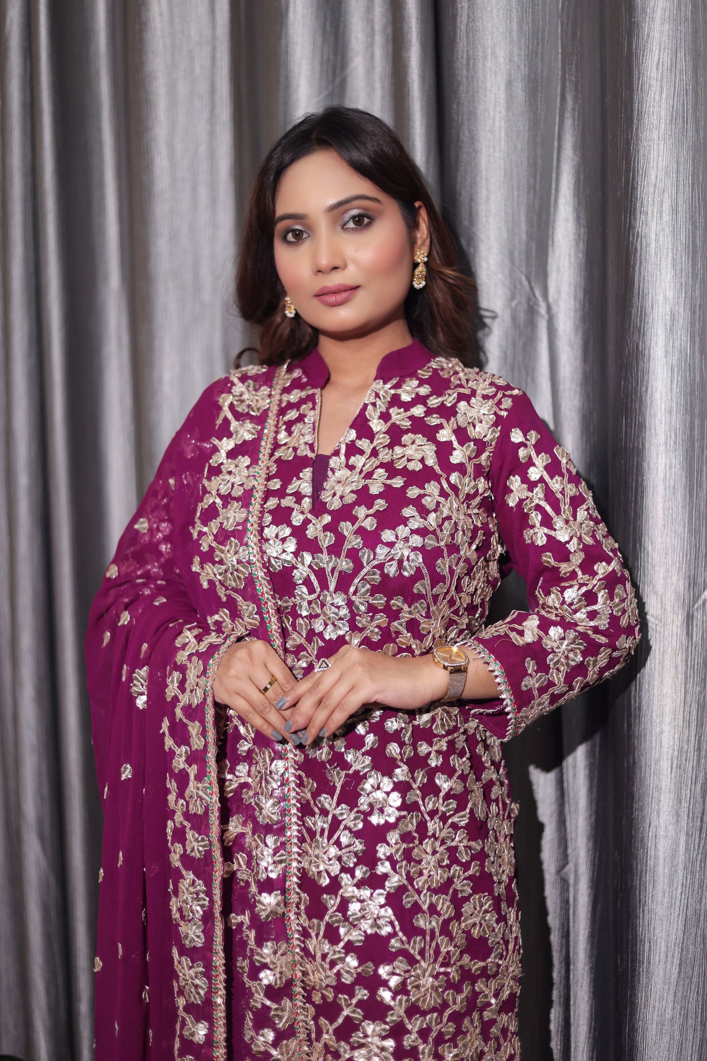 Regal Royal Purple Bamber Chiffon Kurta Set with LCD and Gotta Embroidery