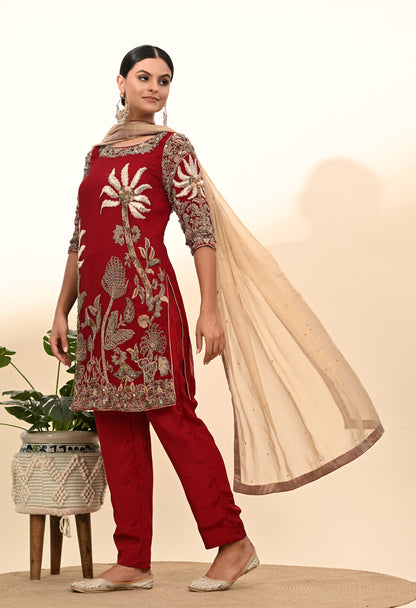 Rich Reddish Maroon Kurta Set with Zardozi Embroidery