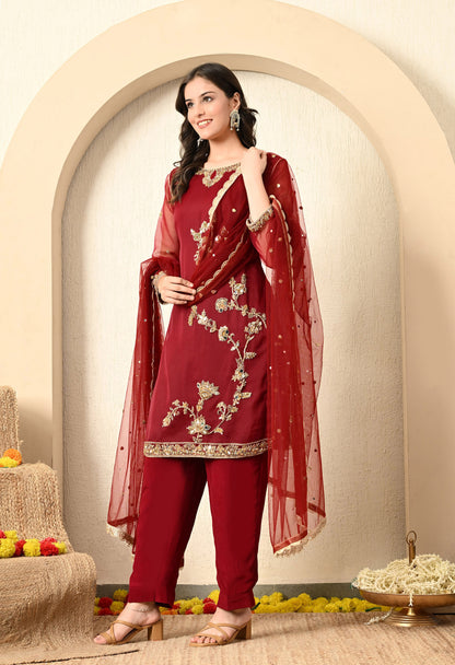 Maroon Red Kurta Set with Zardozi, Dabka, and Crystal Work