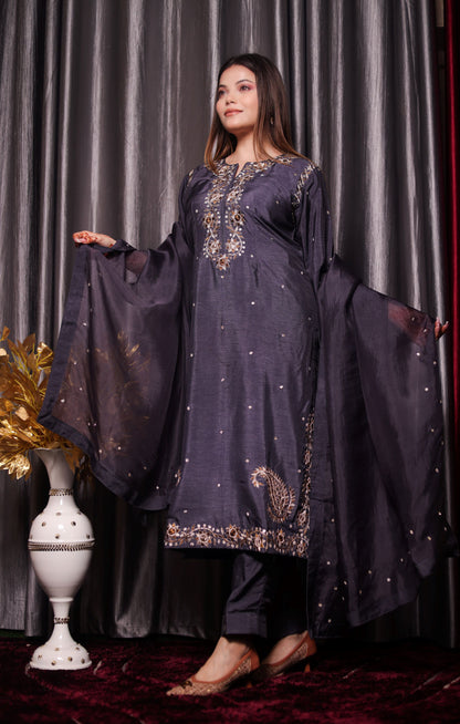 Subtle Dark Grey Kurta Set with Intricate Mukaish Work