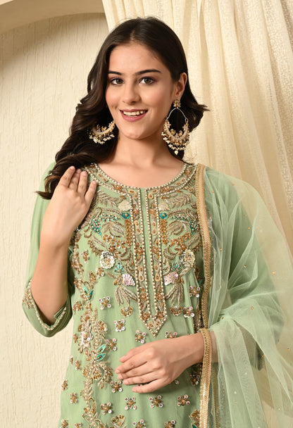 Light Green Kurta Set with Zardozi, Sequence, Pearl and Sippy Work