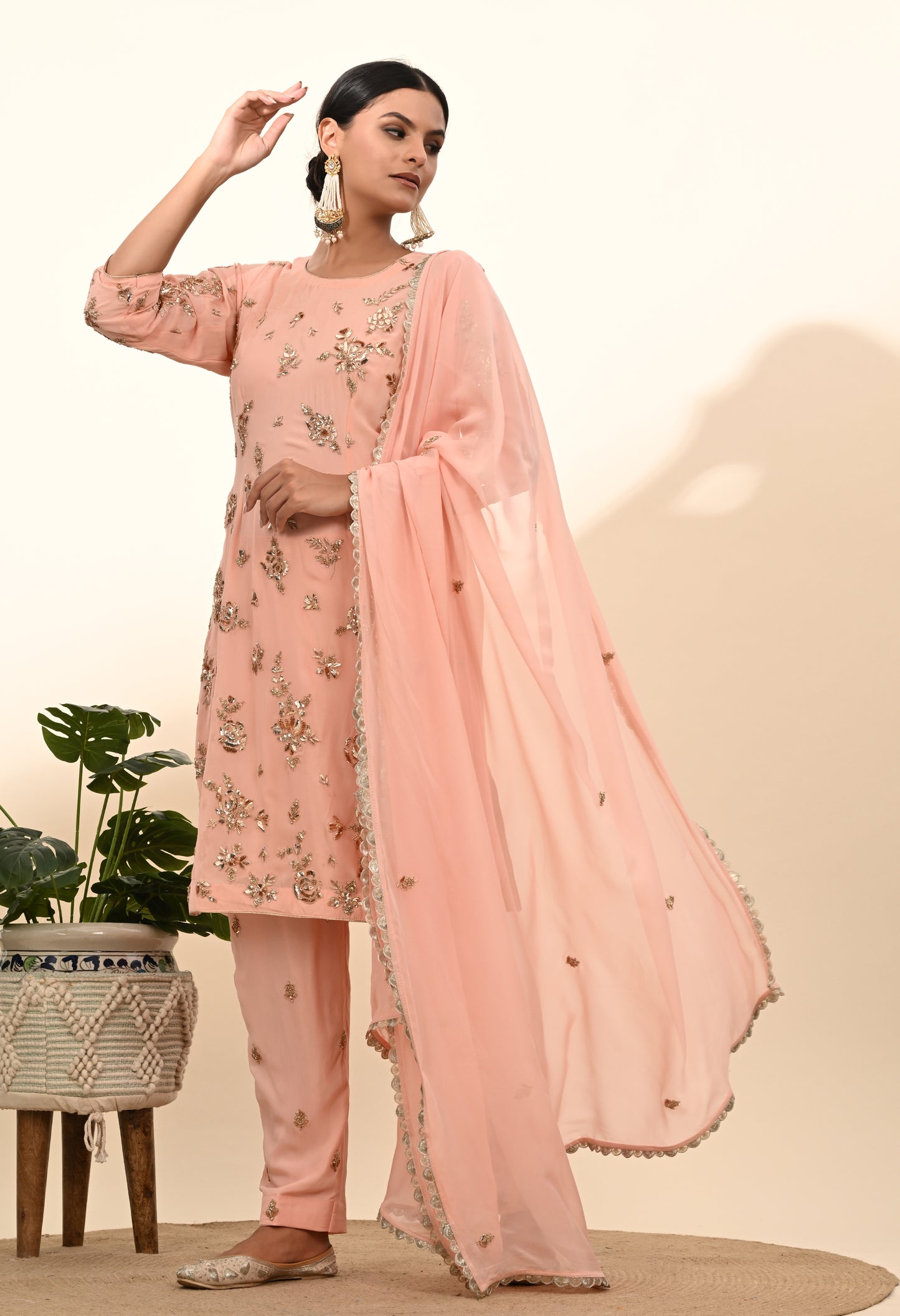 Soft Pink Peach Georgette Kurta Set with Mukaish and Zardozi Embroidery