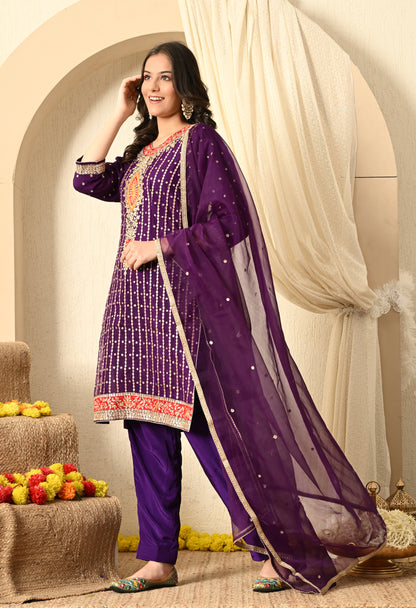 Royal Purple Kurta Set with Gotta, Thread, Applique and Zardozi Work