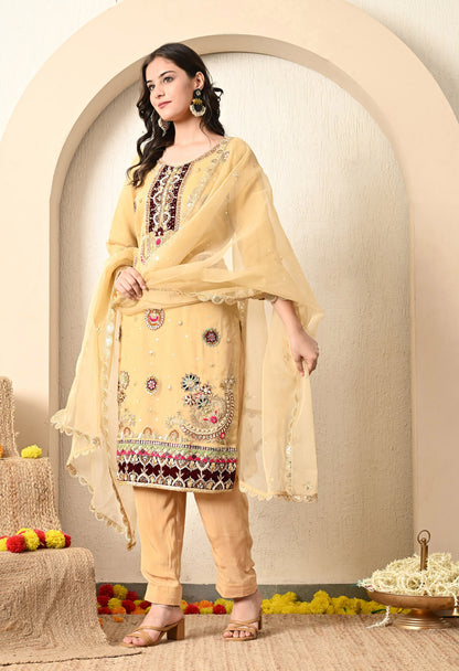 Golden Yellow Kurta Set with Zardozi, Thread, Pearl and Mirror Work