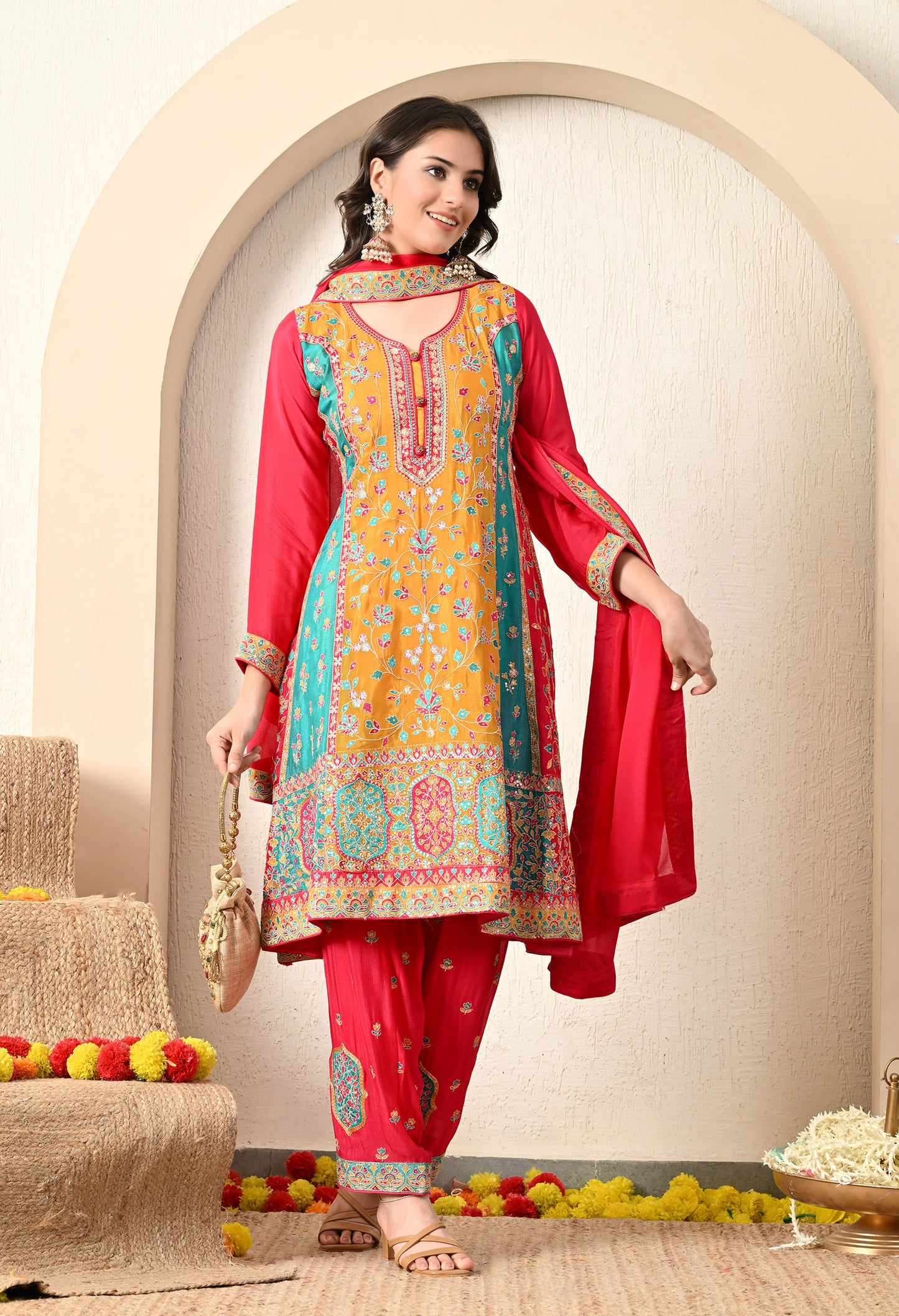 Yellowish Orange Kurta Set with Exceptional Thread & Applique Work