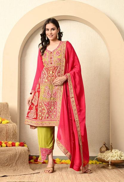 Green and Pink Kurta Set with Thread and Zari Work