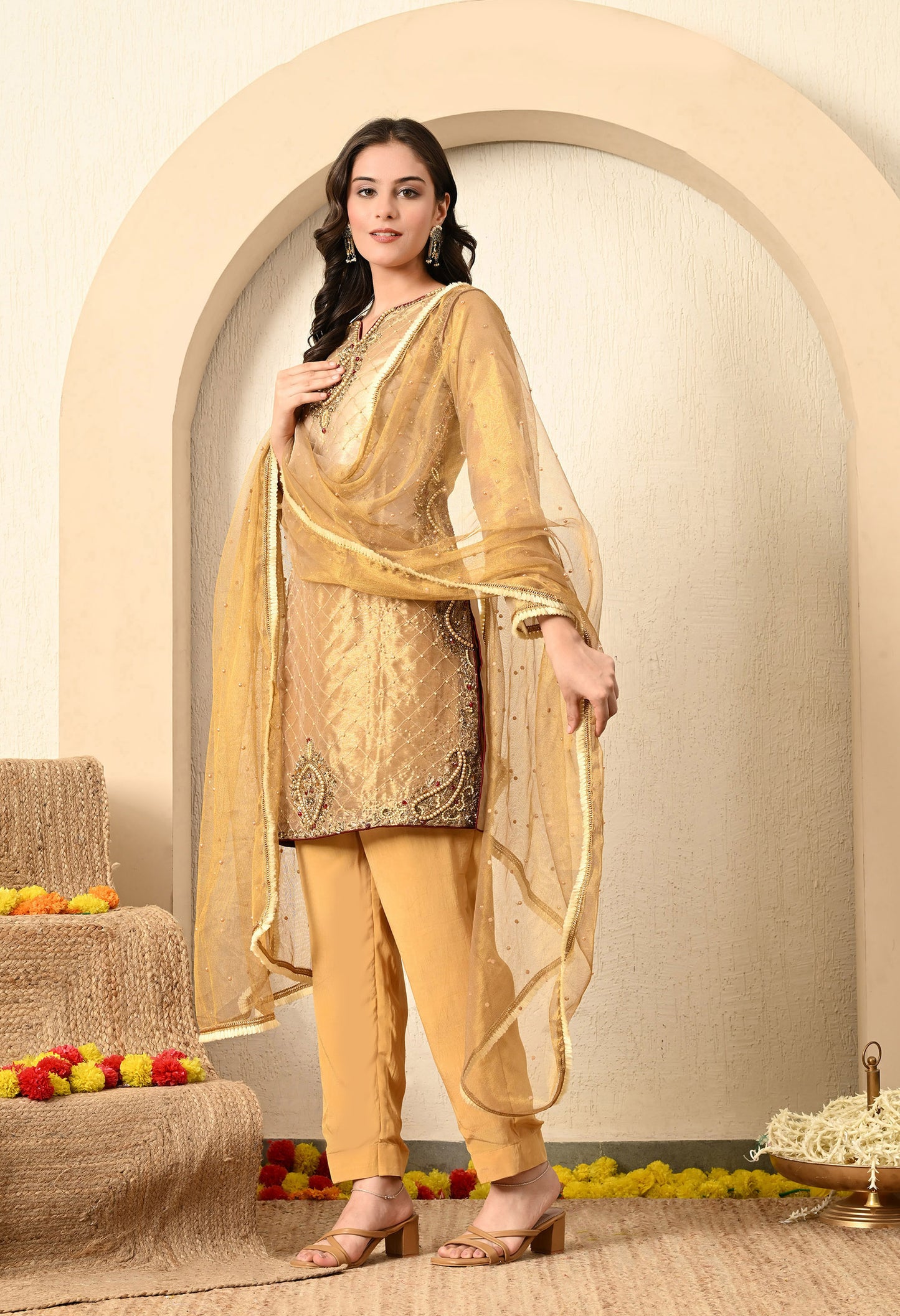 Golden Green Kurta Set with Zardozi, Pearl and Dabka Work