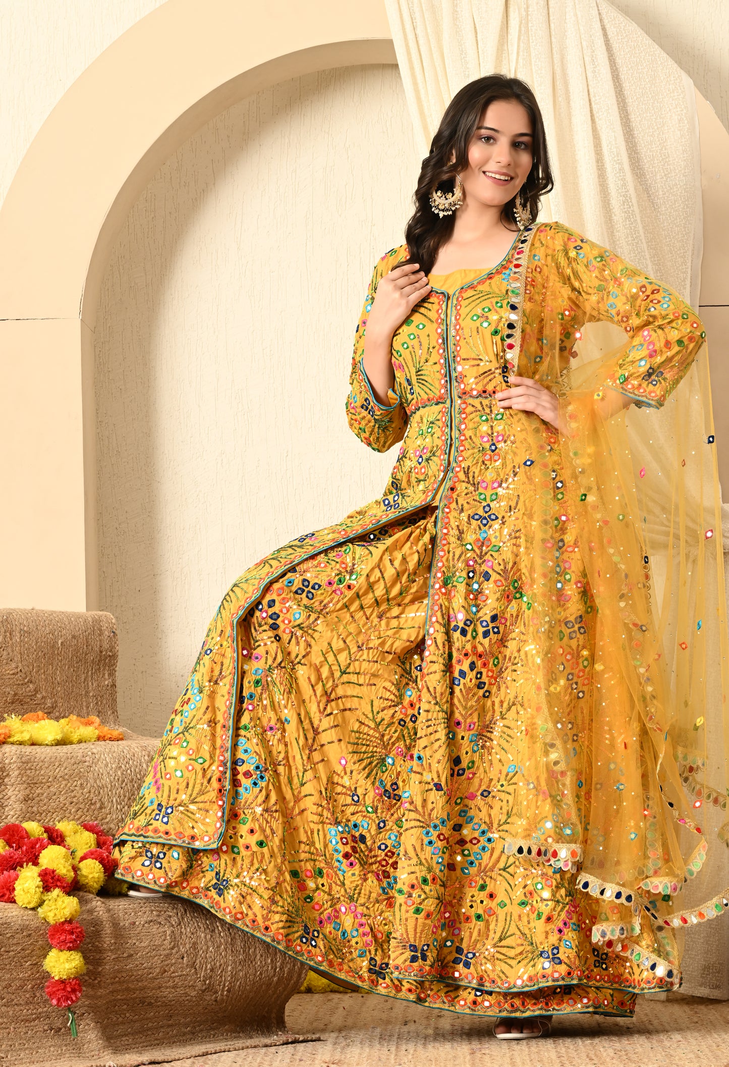 Yellow Lehnga ( With Jacket ) embroided with Thread, Mirror, and Sequence Work