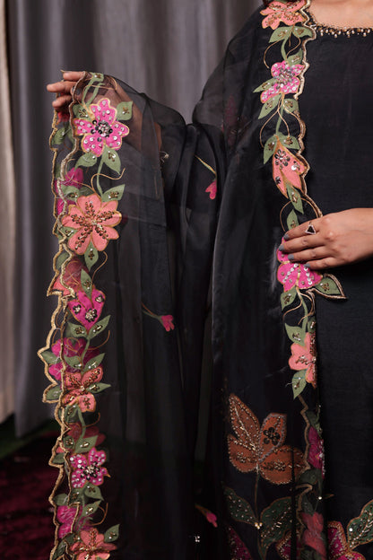 Black Silk Kurta Set with Intricate Embroidery and Hand-Painted Detailing