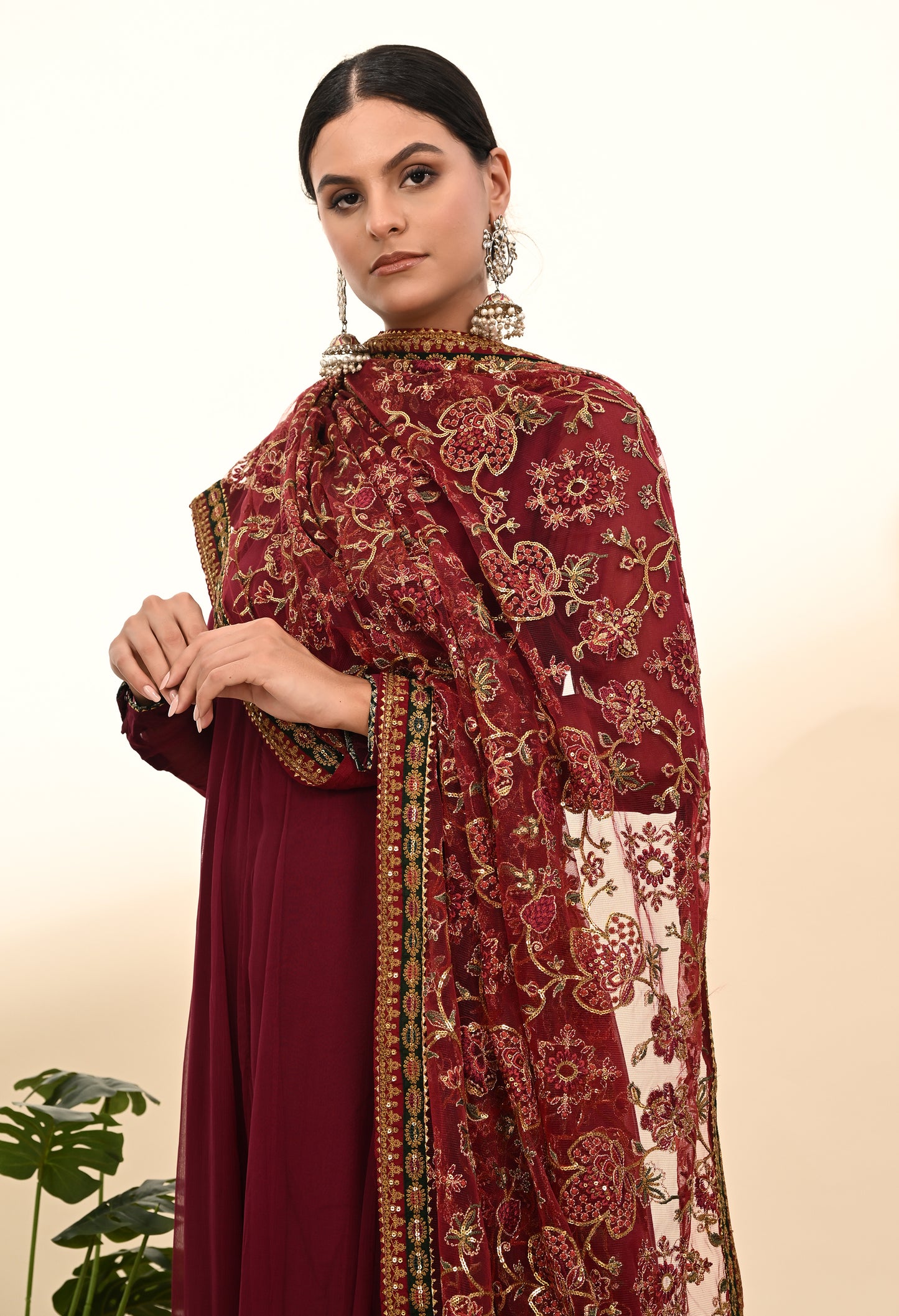 Elegant Reddish Maroon Chinon Anarkali with Embroidery