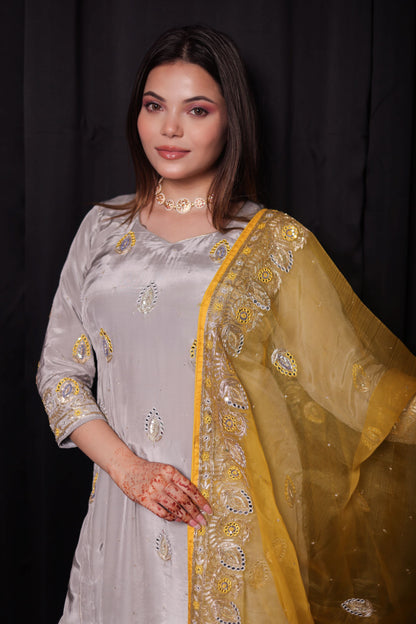 Stunning Light Grey Kurta Set with Beautiful Zardozi, Thread, Sequence, and Applique Work