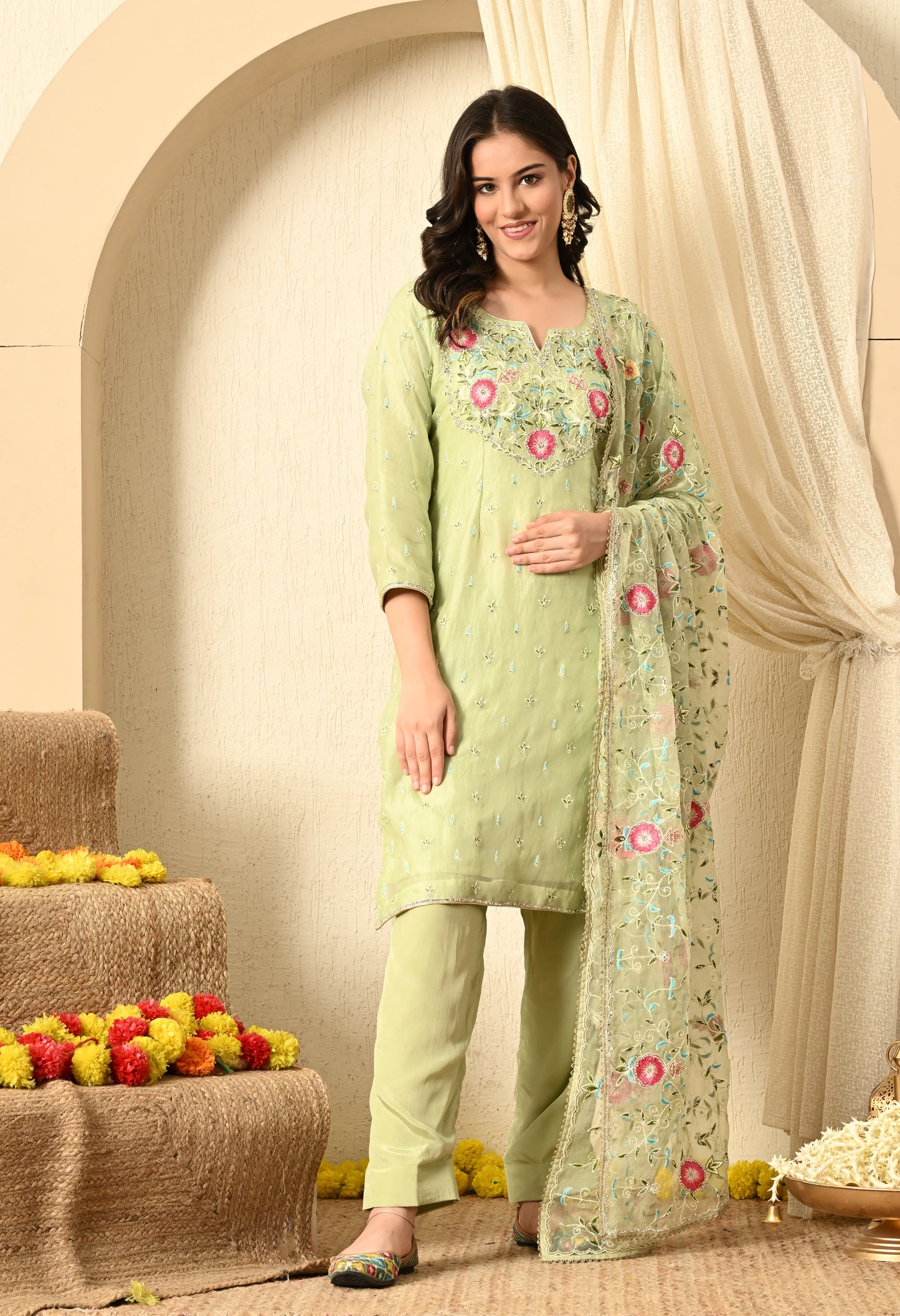 Light Green Kurta Set with Parsi, Thread & Crystal Work