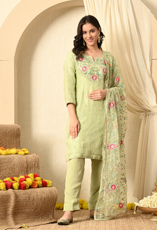 Light Green Kurta Set with Parsi, Thread & Crystal Work