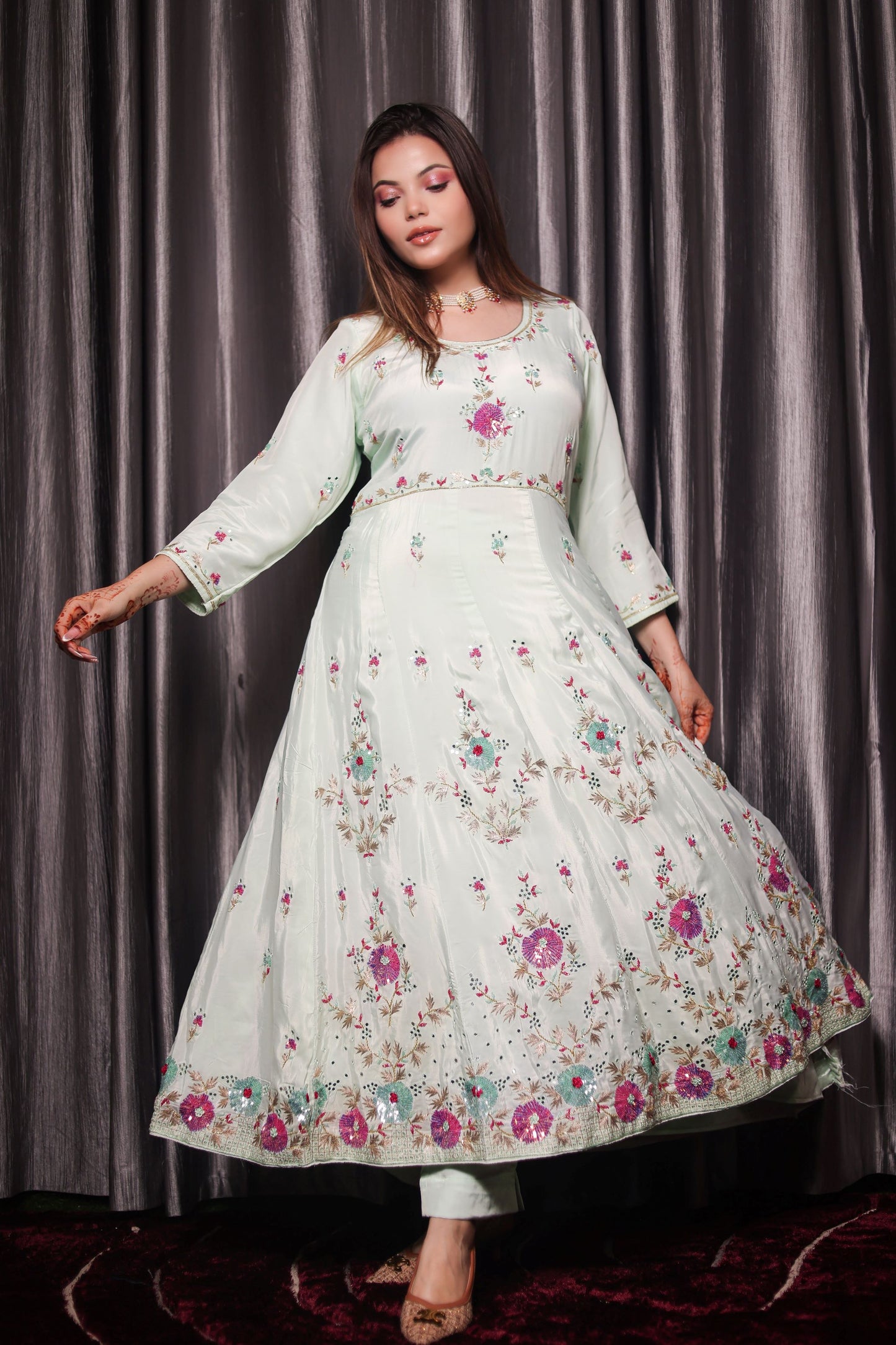 Elegant Light Green Anarkali Dress Adorned with Exquisite Zardozi Work