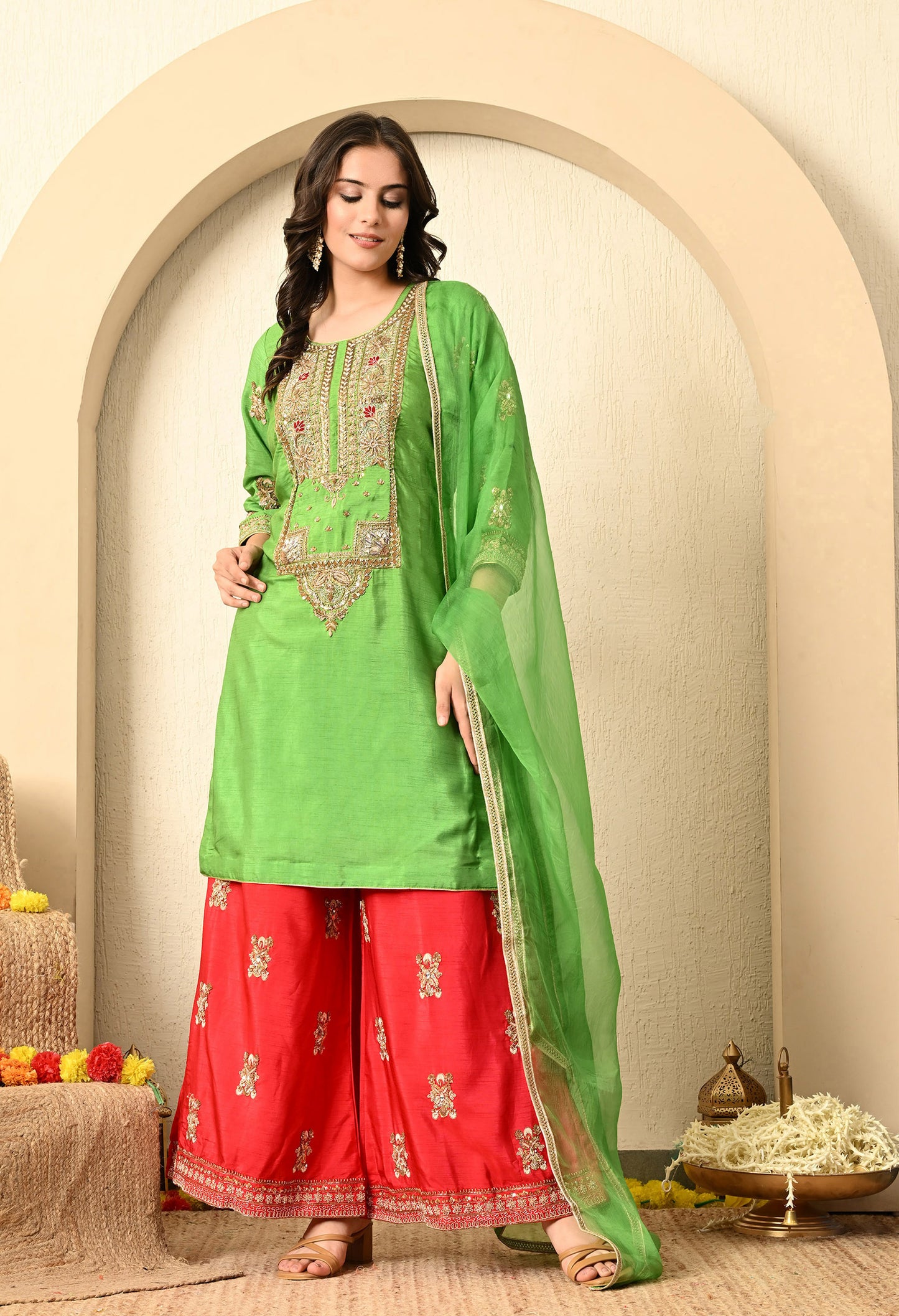 Parrot Green Kurta Set with Zardozi, Stone, and Sequence Work