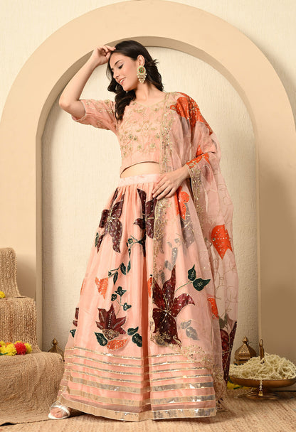 Dark Peach Lehenga Set with Hand Paint, Gotta, Zardozi, and Sequence Work