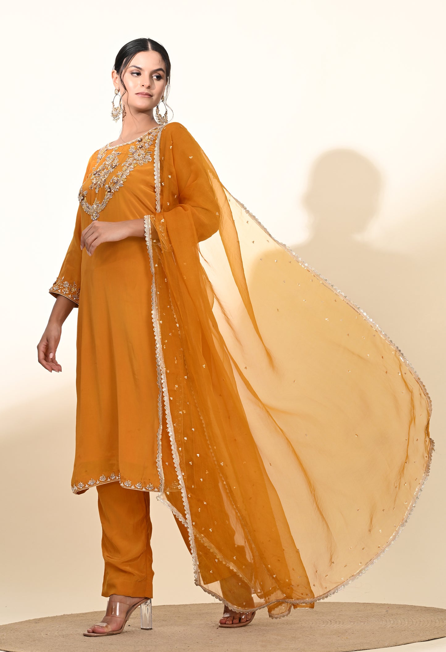 Elegant Mustard Yellow Kurta Set with Refined Zardozi Embroidery