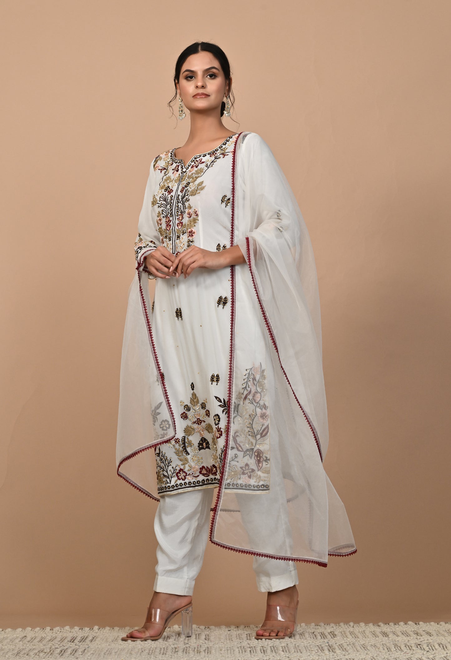 Delicate Light Cream Kurta Set with Intricate Thread Work