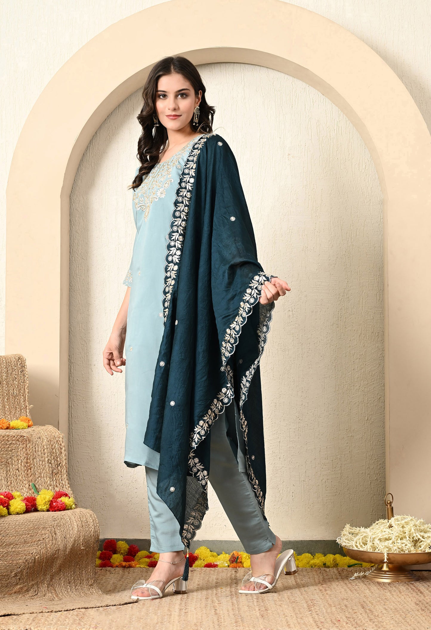 Greyish Blue Kurta Set with Zardozi and Zari work