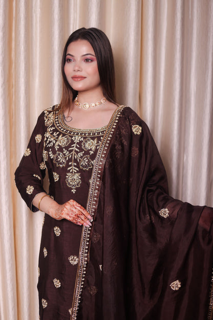 Chocolate Brown Kurta Set with Beautiful Zardozi, Tilla, and Sequence Work