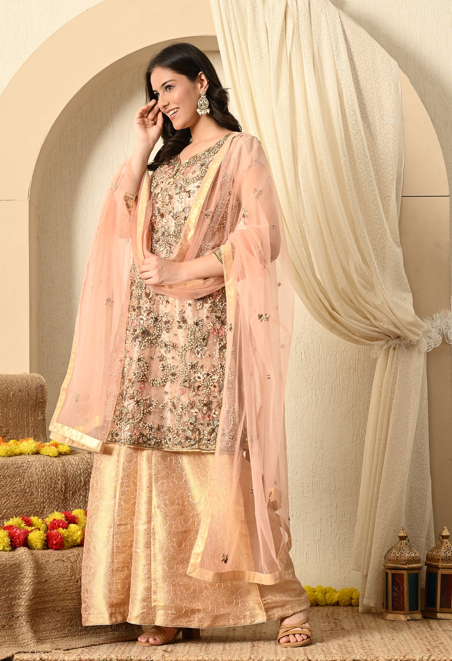 Peach Sharara Set with Zardozi, Thread, Sequence and Cutdana Work