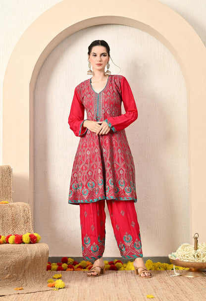 Dark Pink Kurta Set with Beautiful Thread Work