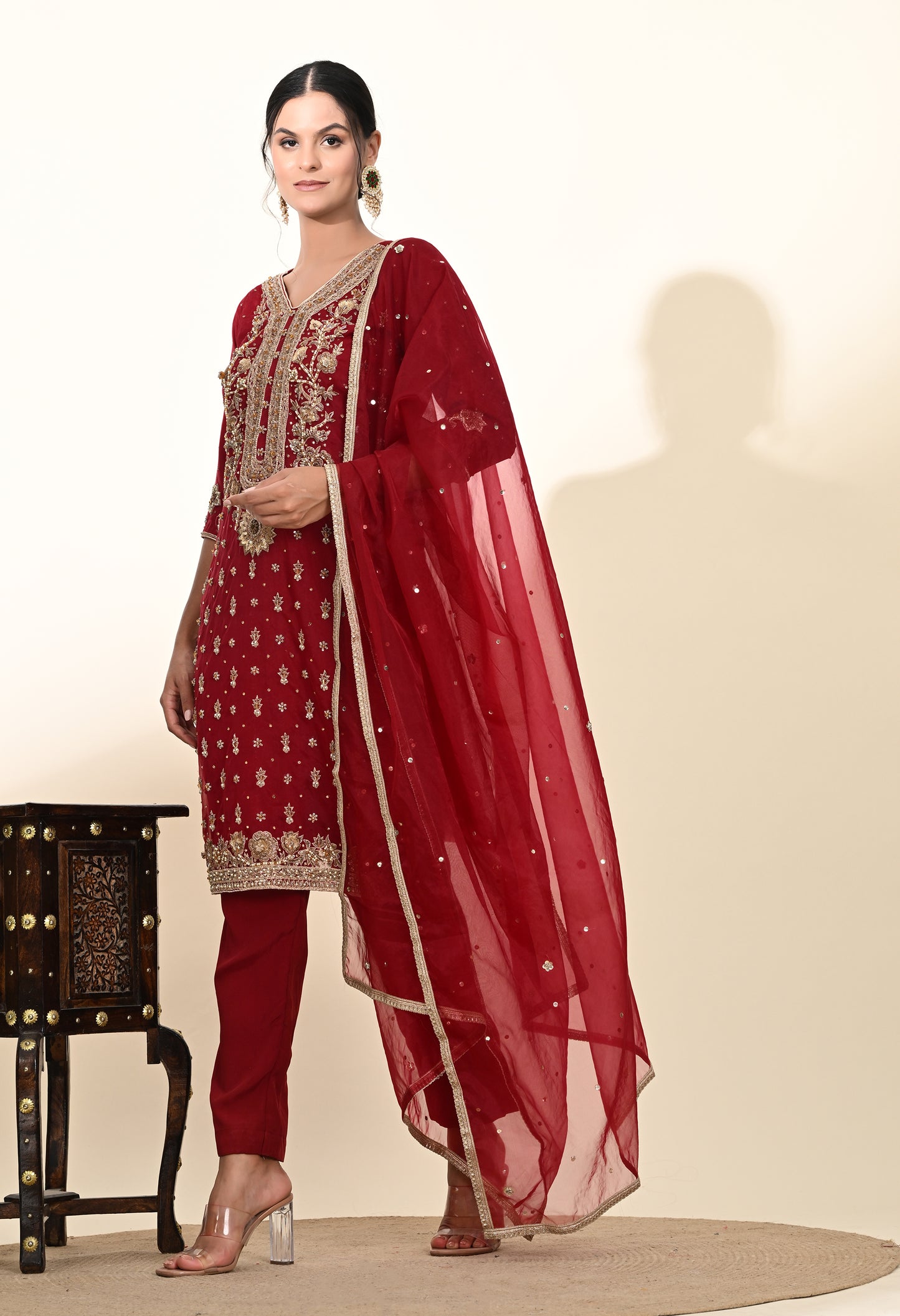 Elegant Maroon Red Kurta Set with Rich Zardozi Embroidery