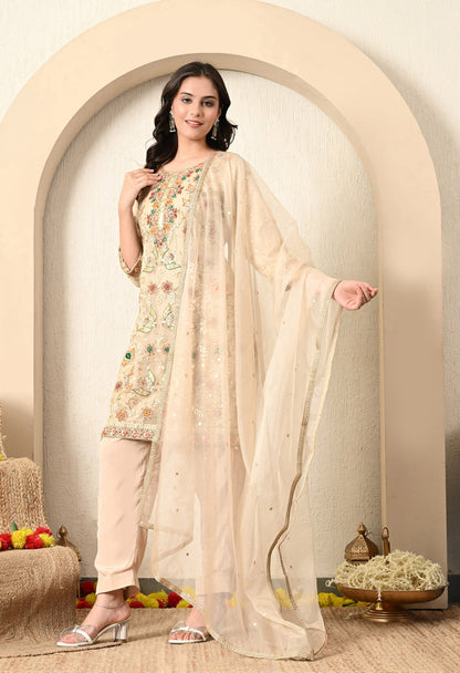 Golden Cream Kurta Set with Gotta, Thread, and Zardozi Work