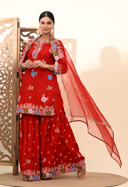 Vibrant Red Silk Sharara Set with Zardozi Embroidery, Thread, and Pearl Work