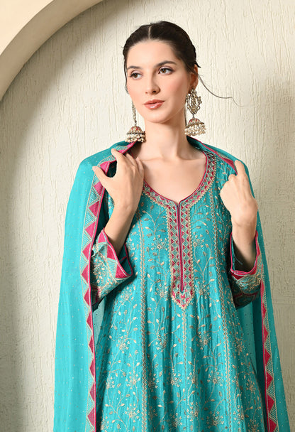 Light Blue Kurta Set with Exquisite Thread, Zari & Crystal Work