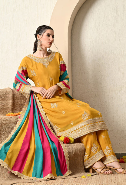 Mustard Yellow Kurta Set with Beautiful Thread and Zari Work