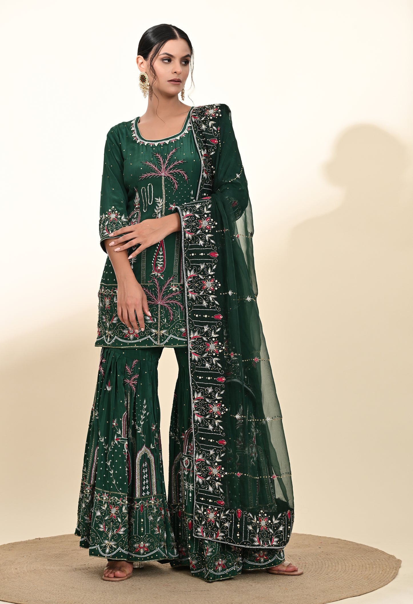 Royal Bottle Green Sharara Set with Exquisite Zardozi Embroidery