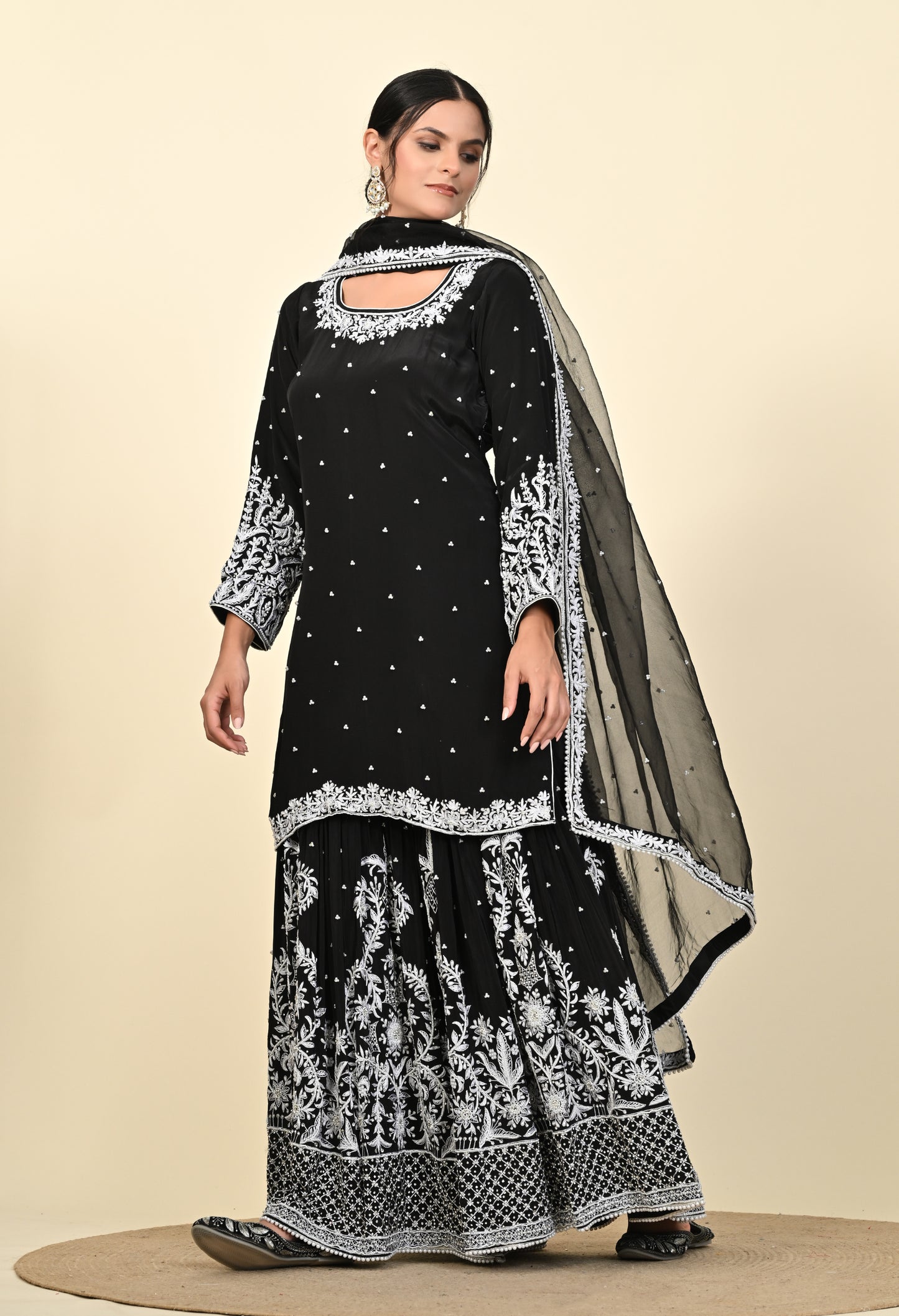 Sophisticated Black Sharara Set with Thread and Sequin Embroidery