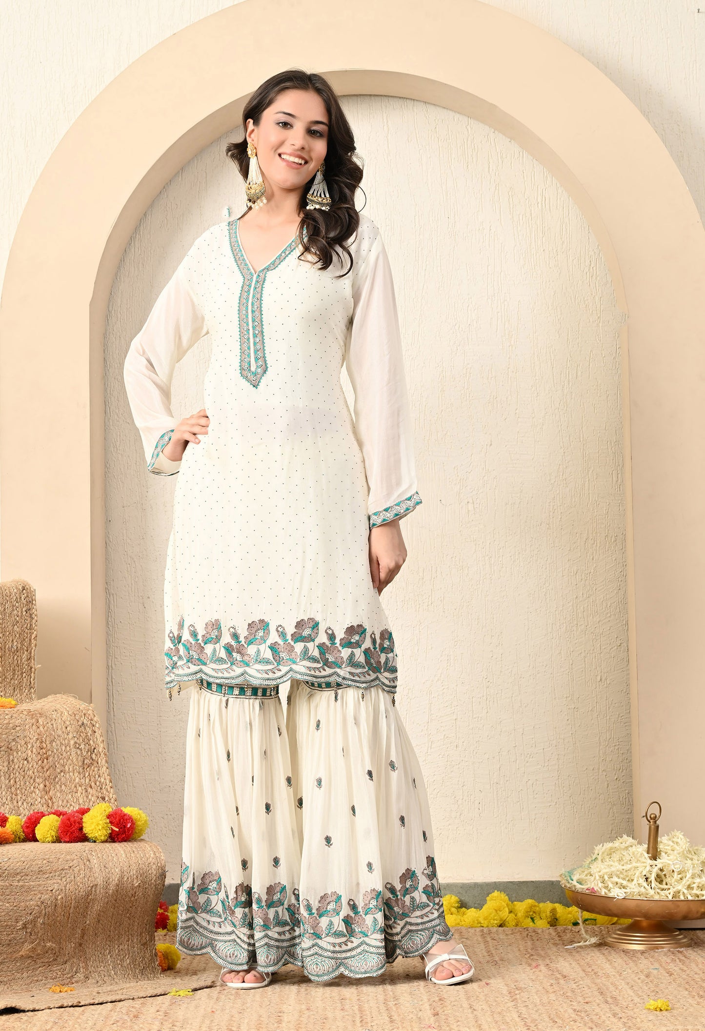 Off White Cream Sharara Set with Elegant Thread and Crystal Work