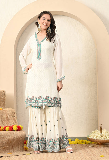 Off White Cream Sharara Set with Elegant Thread and Crystal Work