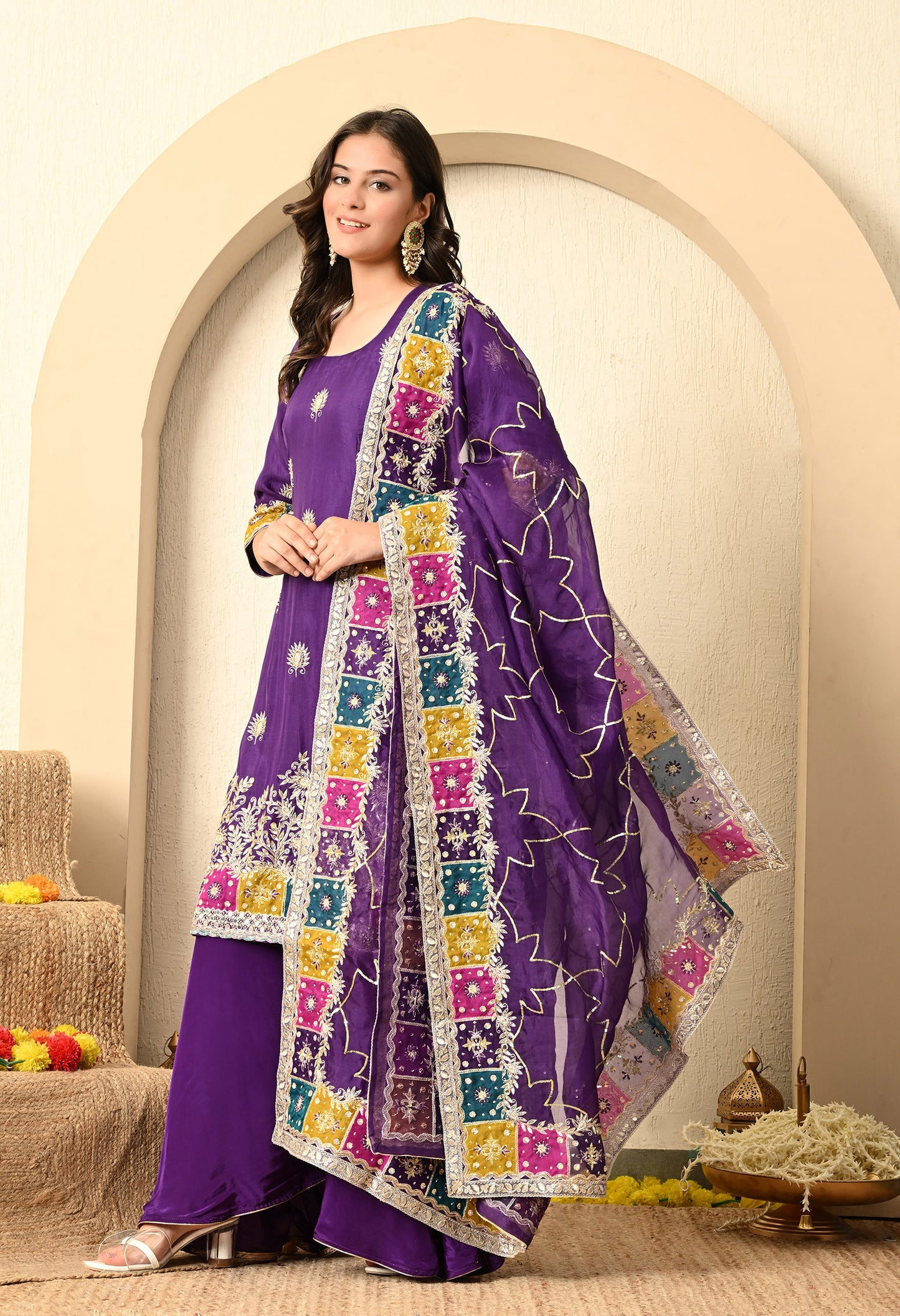 Bright Purple Kurta Set with Zardozi, Sequence, Cutdana, and Naqshi Work