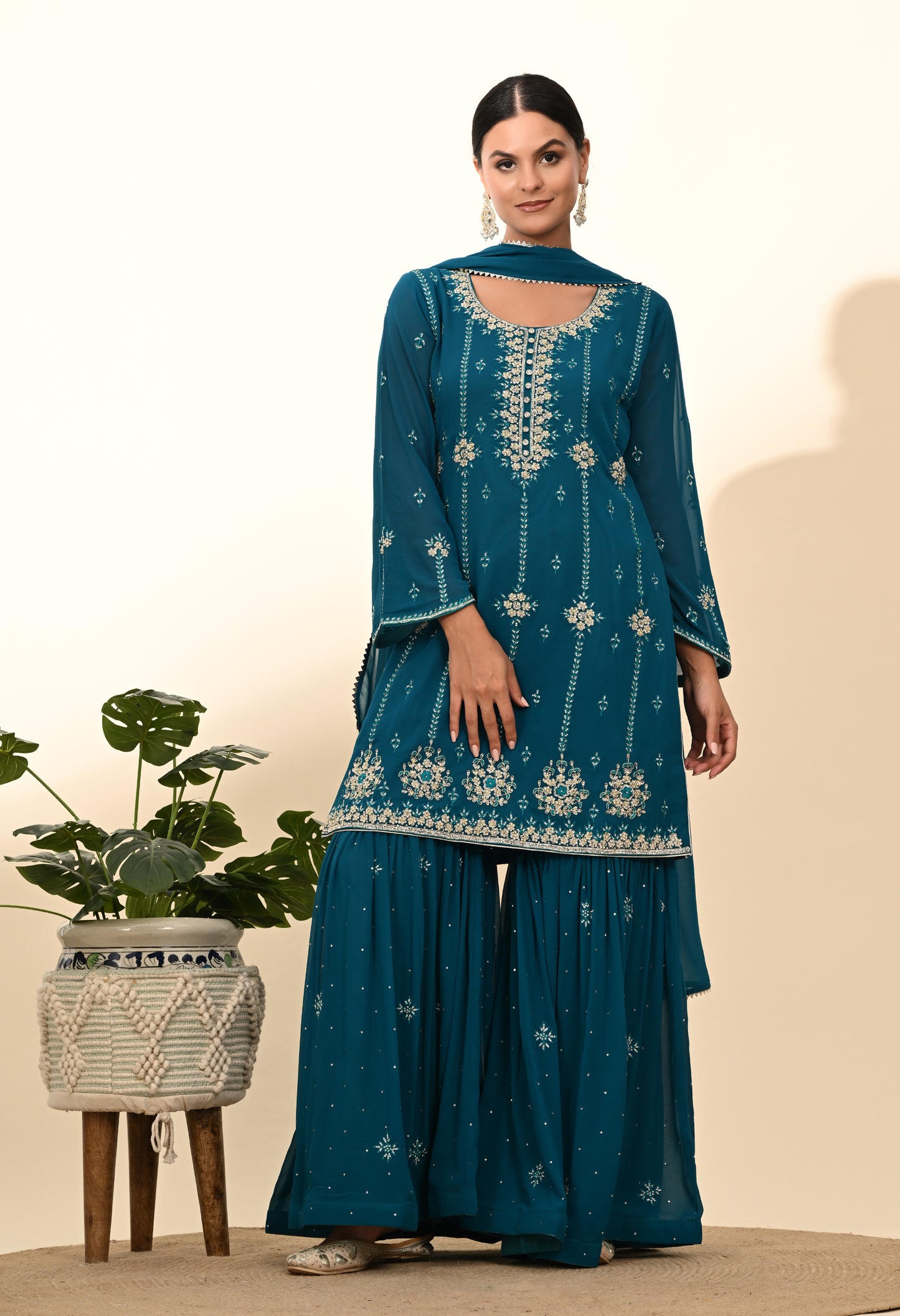 Striking Firozi Blue Georgette Sharara Set with Thread and Crystal Embroidery