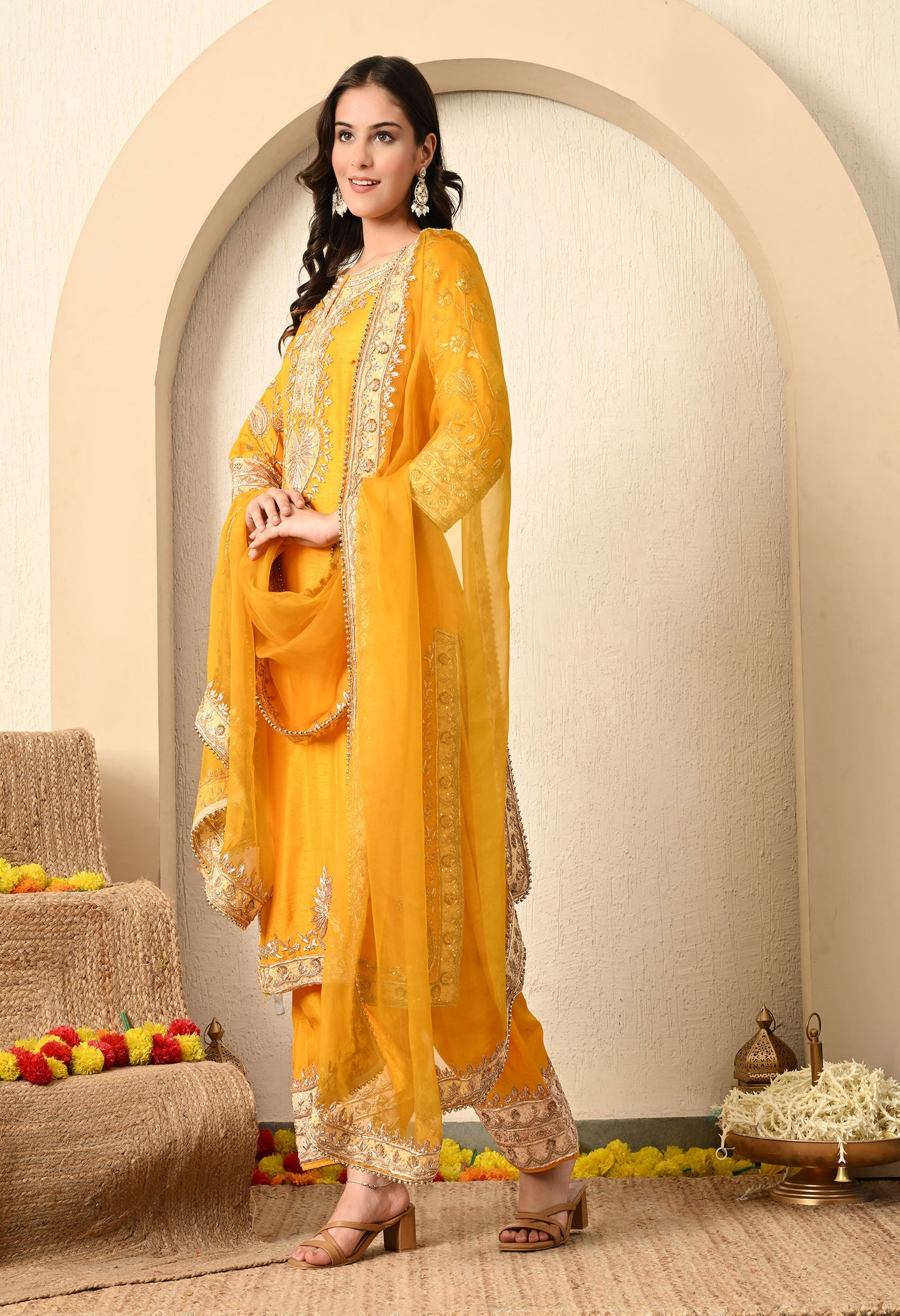 Saffron Yellow Kurta Set with Zardozi, Tilla, and Dabka Work