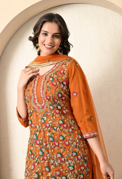 Yellowish Orange Kurta Set with Thread, Zardozi and Sequence Work