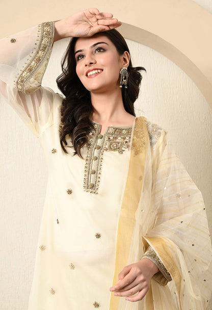 Cream Kurta Set with Zardozi, Crystal, Sequence and Pearl Work