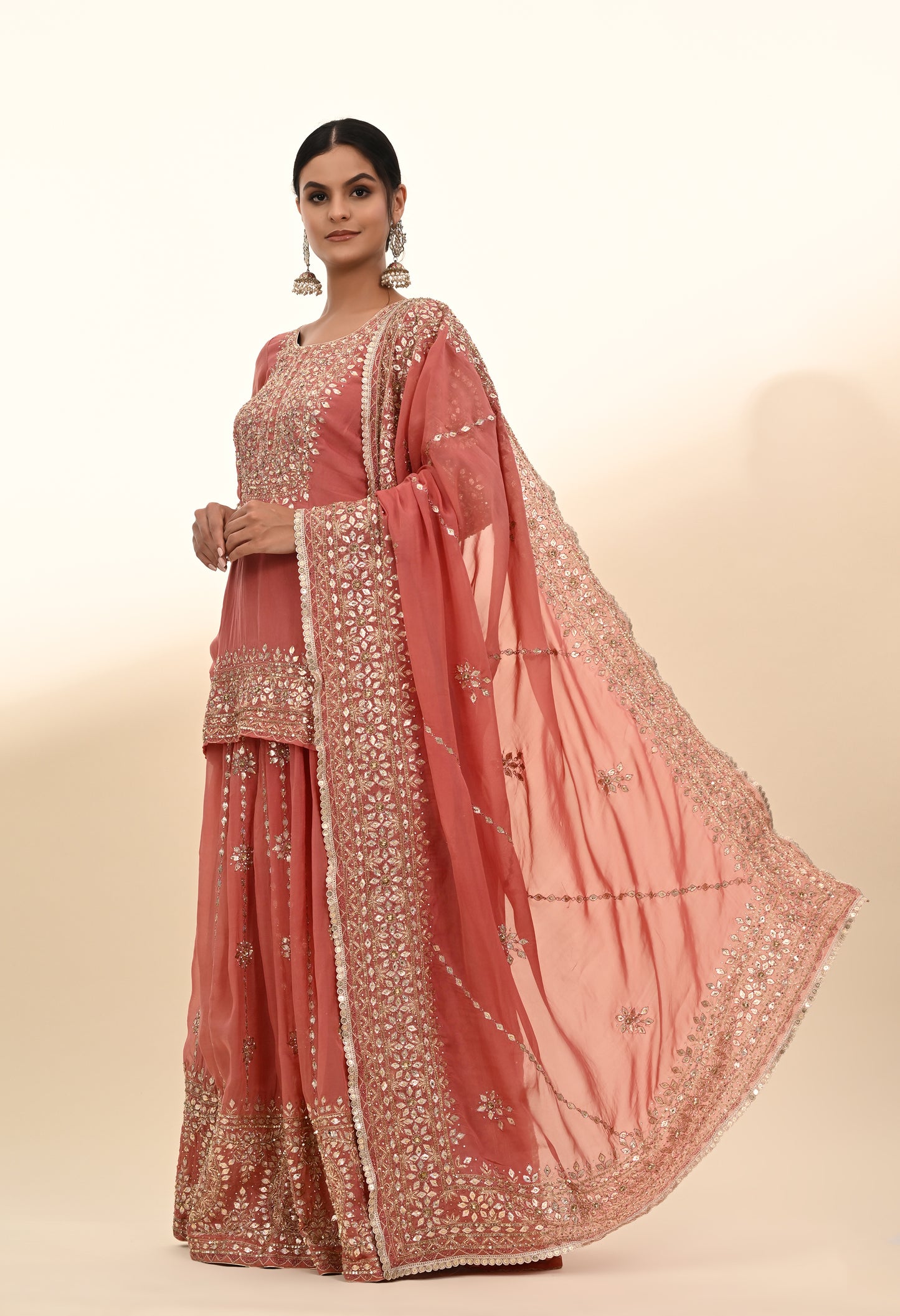 Creamy Peach Organza Lehenga Set with Zardozi, Gotta, and Crystal Embroidery