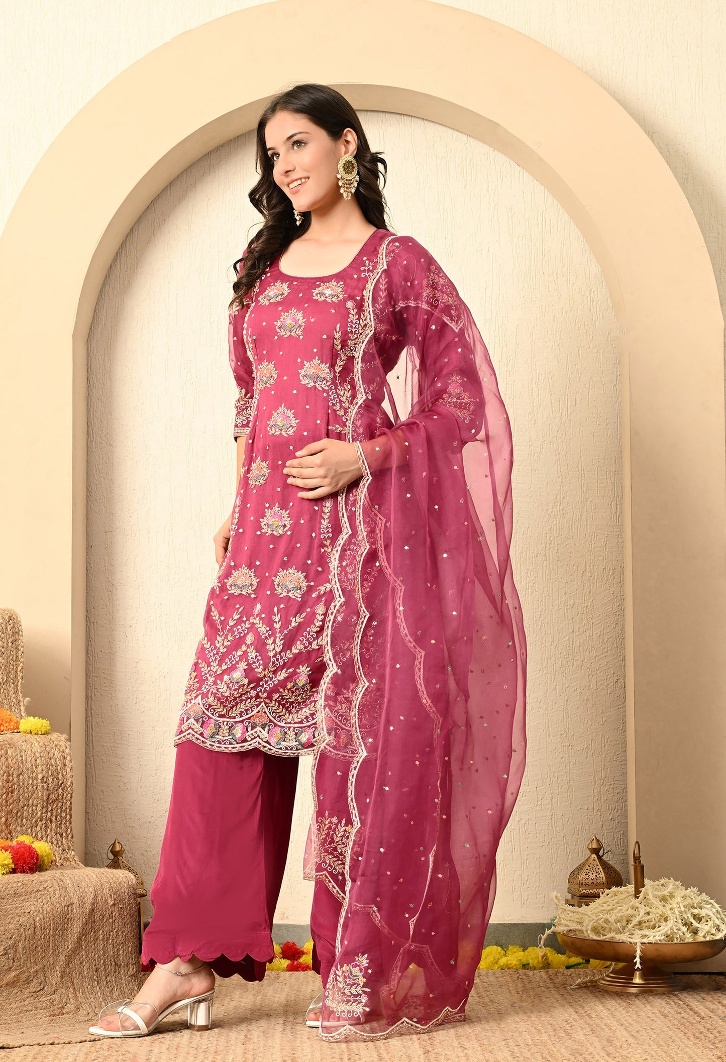 Strawberry Pink Kurta Set with Zardozi, Thread, Sequence, and Pearl Work