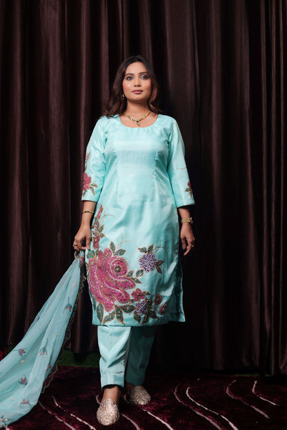 Turquoise Green Silk Kurta Set with Intricate Embroidery and Hand-Painted Detailing