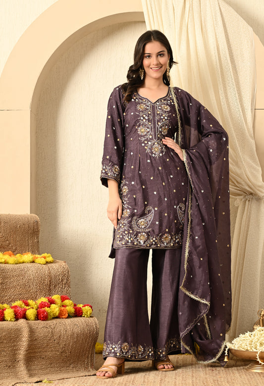 Purplish Grey Kurta Set with Mukaish, Zardozi and Sequence Work