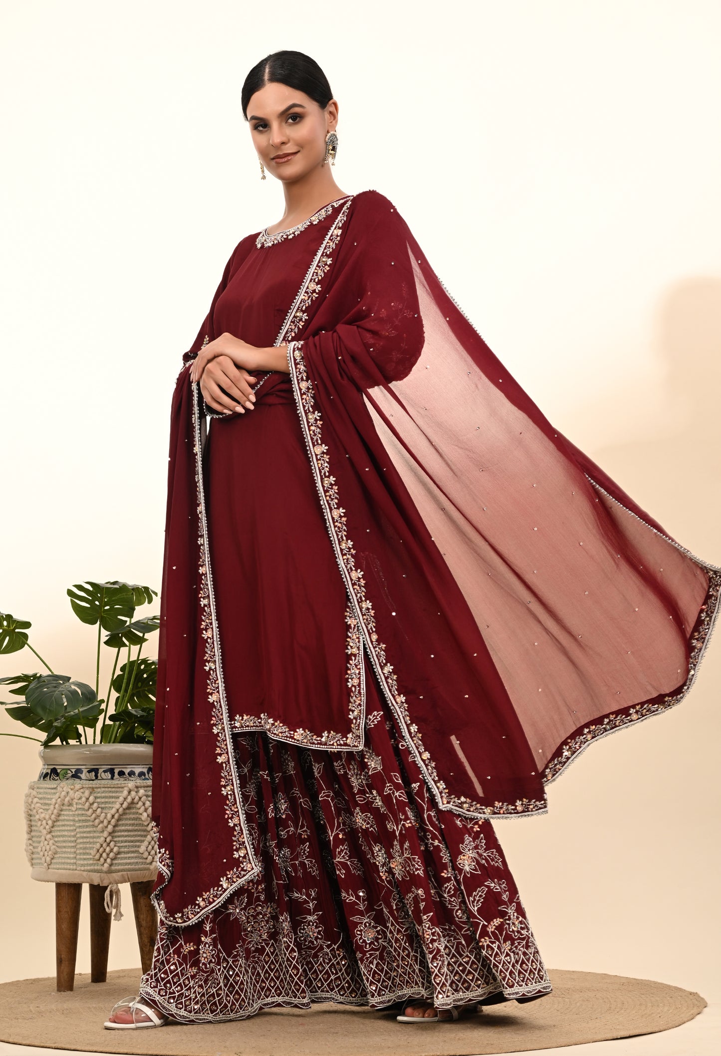 Rich Maroon Crepe Sharara Set with Thread and Sequin Embroidery