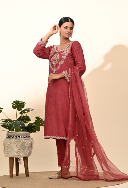 Warm Brown Red Silk Kurta Set with Zardozi Embroidery