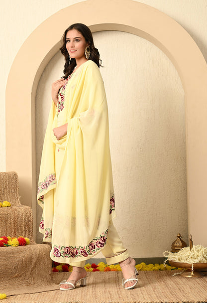 Custard Yellow Kurta Set with Thread and Parsi Work