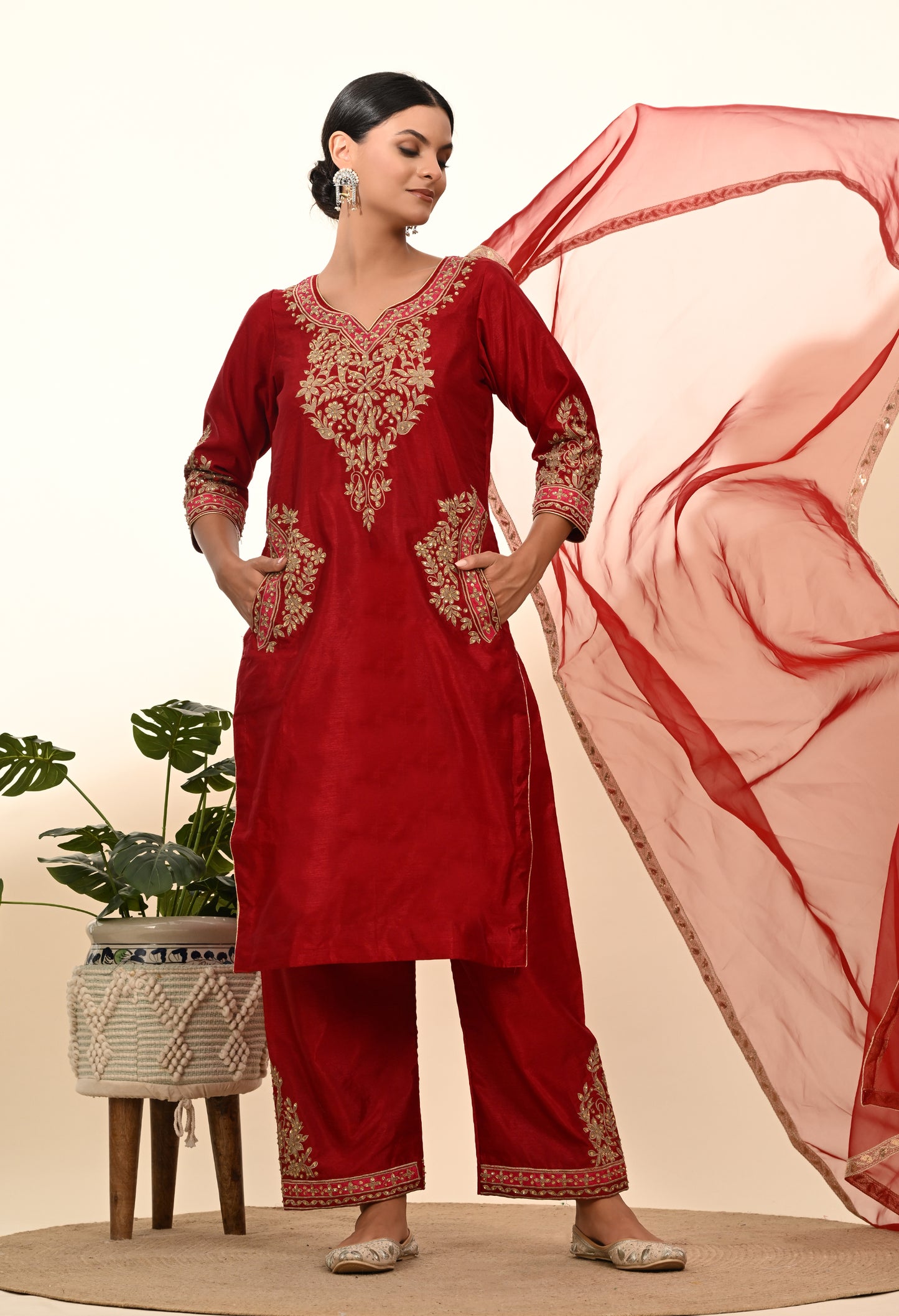 Deep Maroon Silk Kurta Set with Thread and Sequin Embroidery