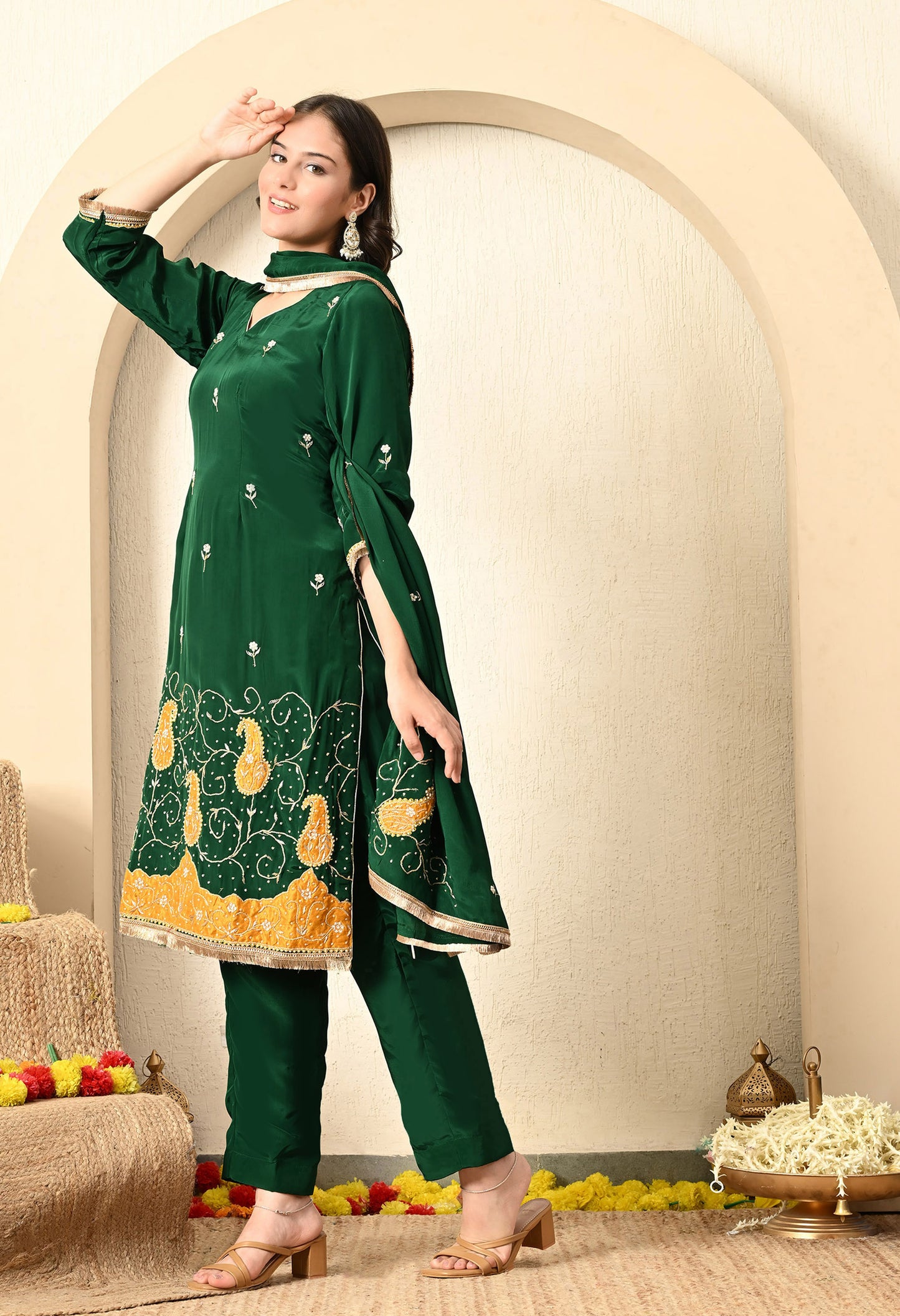 Bottle Green Kurta Set with Zardozi, Applique, and Sequence Work