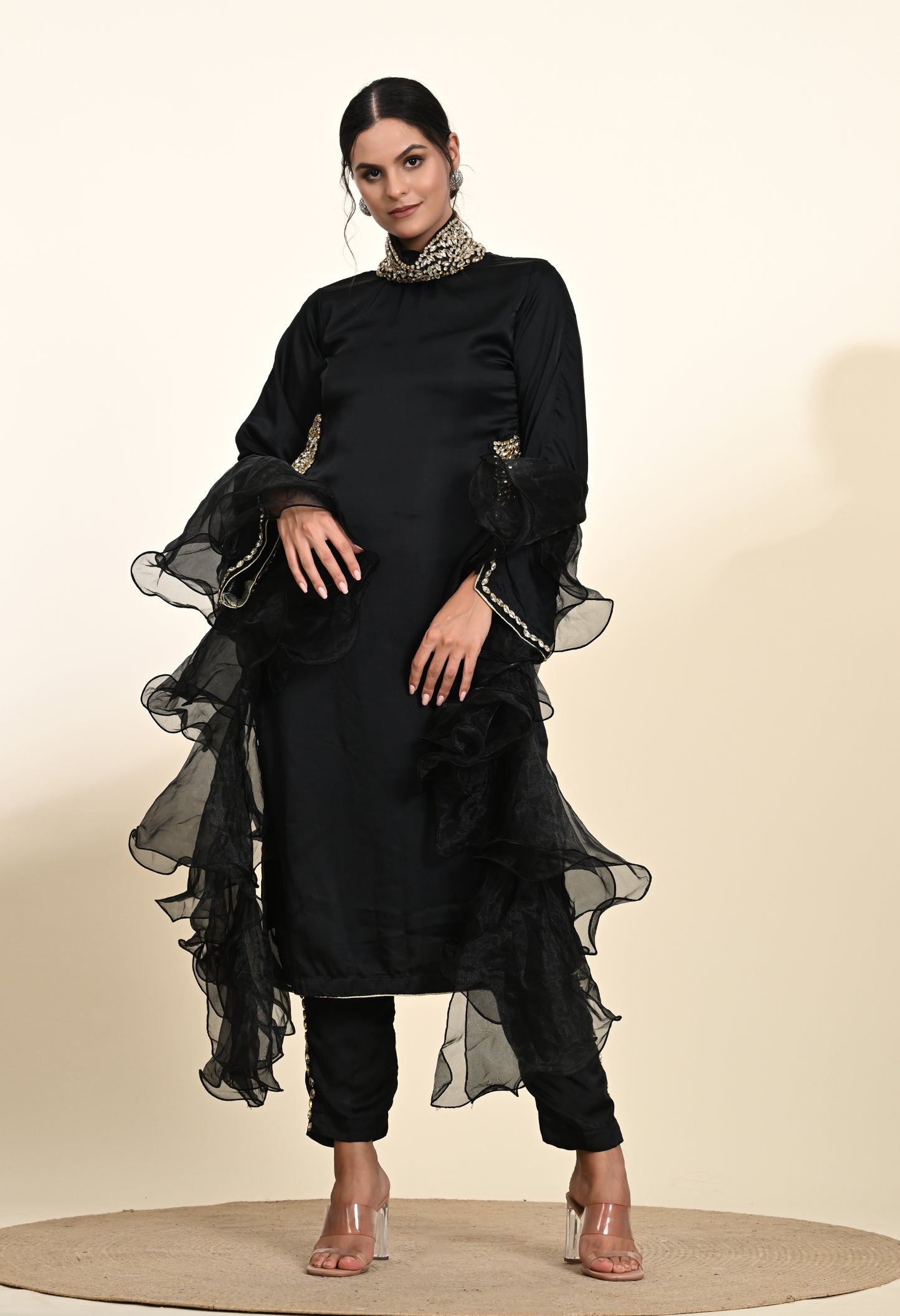 Sophisticated Black Kurta Set with Exquisite Crystal Embroidery